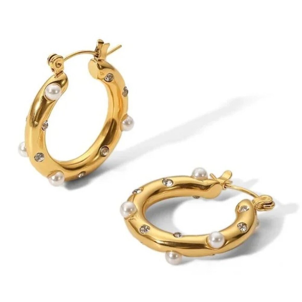 Zircon & Pearl Mix Hoop Earrings 18K Gold
